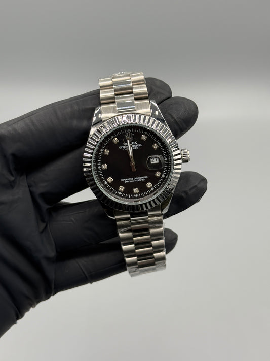 Silver Chain Date Just Black Dial