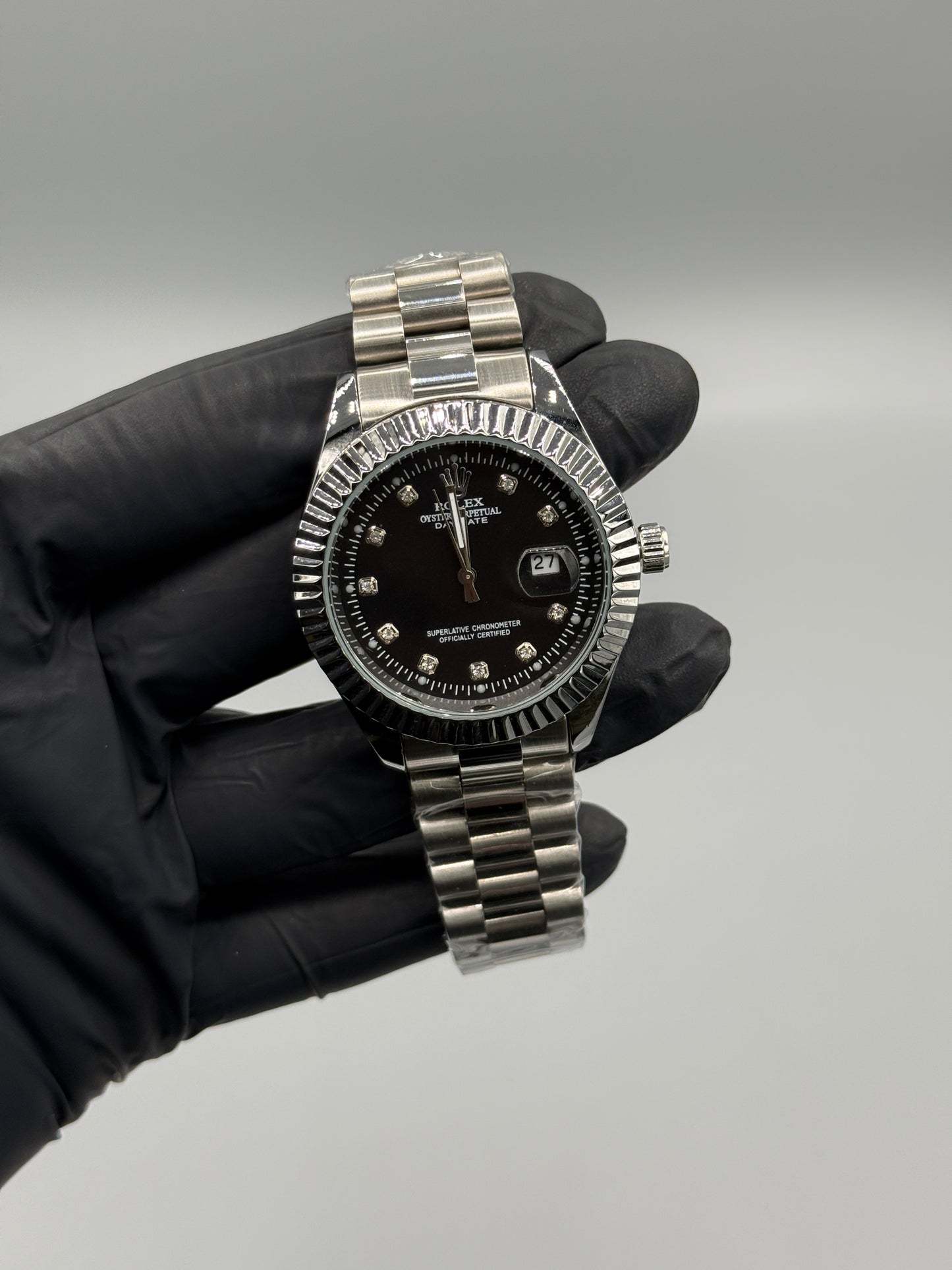 Silver Chain Date Just Black Dial