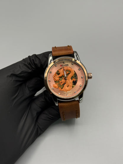 Brown Leather Strap Automatic Dragon Watch