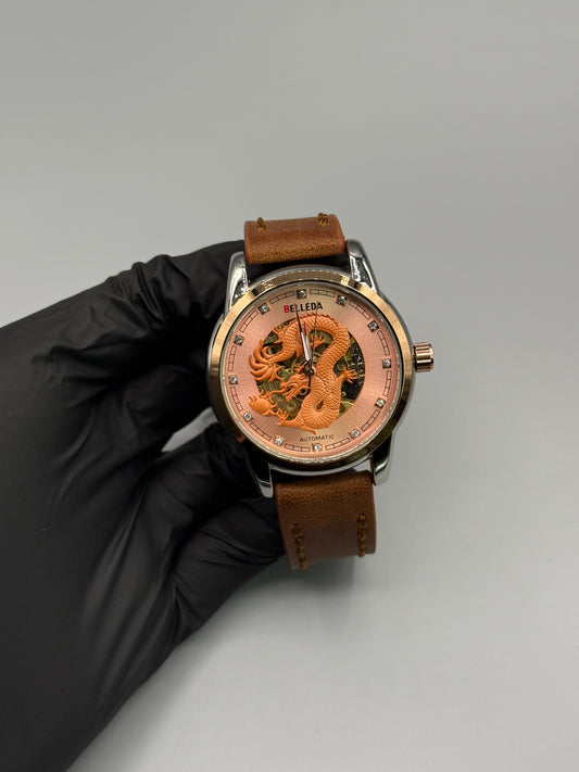Brown Leather Strap Automatic Dragon Watch