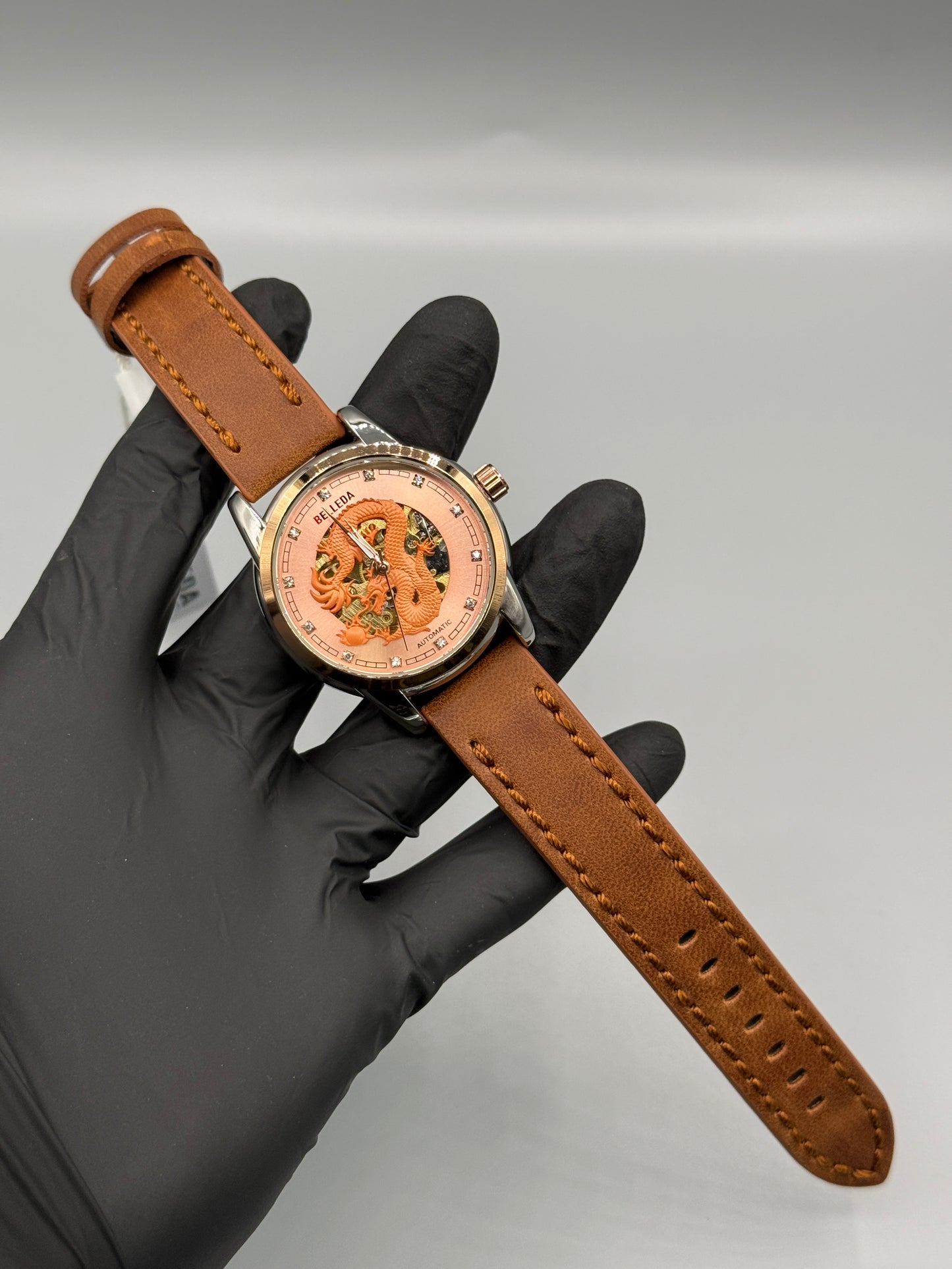 Brown Leather Strap Automatic Dragon Watch